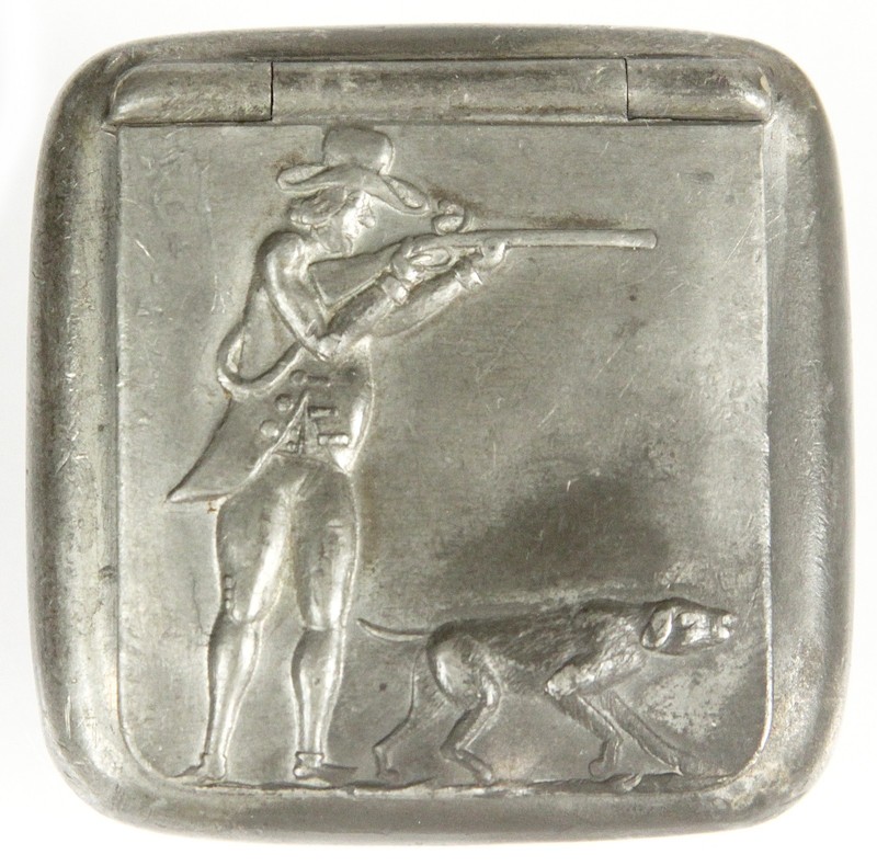 Antique English Pewter Snuff Box Hunter Dog Flintlock Gun W & Co. Sharrow Silver