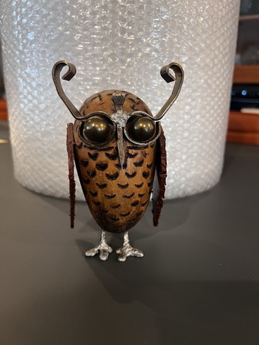 Wood Carved Owl With Brass Metal Work Eyes Beak Feet Wings 5.75 Inches Brutalist