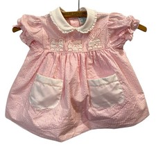 Vintage Seersucker Baby Girl Easter Dress Pink White Stripe Bunny Embroidery
