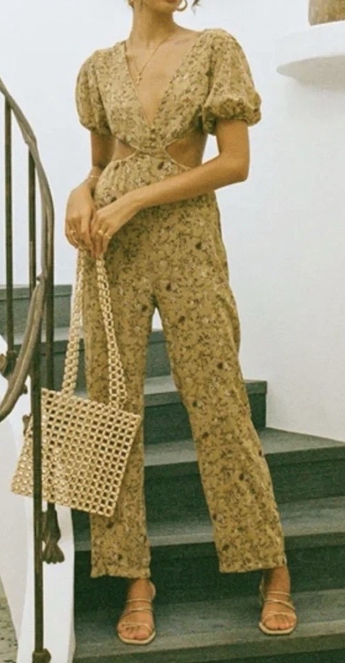SABO Lexii Floral Jumpsuit Size S Tan V-Neck Midriff Cutout Tie Puff ...