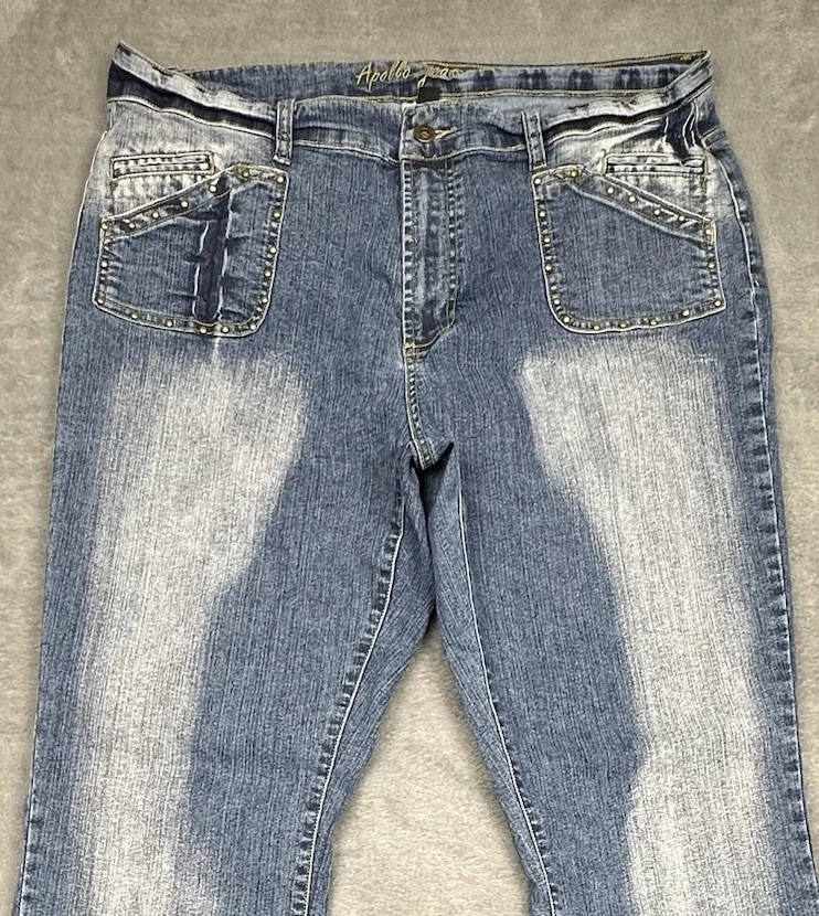 Pantalones de mezclilla Apollo para mujer 17/18 (36x31) azul corte bota desgastado solapa bolsillos tachonados Foto 2 de 4