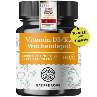 Nature Love Vitamin D3 K2 Wochendepot - 180 Tabletten - 7000IE D3 + 140µg K2/Stk