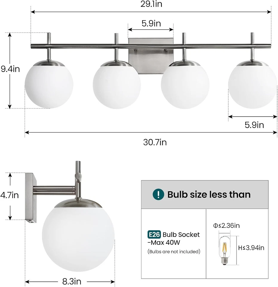 Luz de tocador de baño, luces de tocador de níquel cepillado de 4 luces, 30,7 pulgadas Foto 3 de 4
