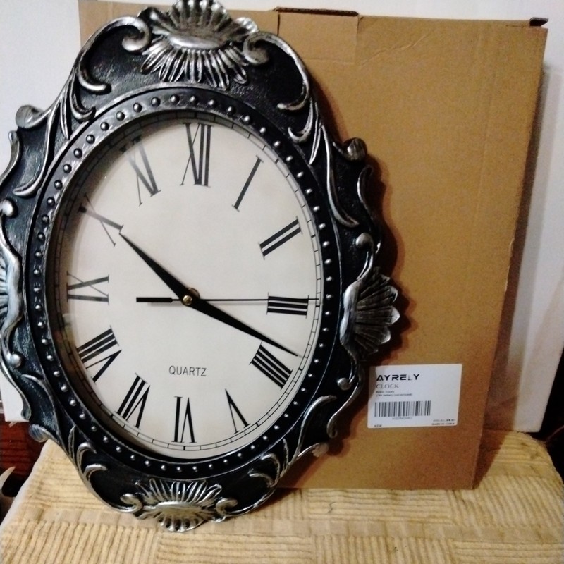 AYRELY 14-inch Battery Operated Farmhouse Oval Wall Clock Silver Aged Finish NIB