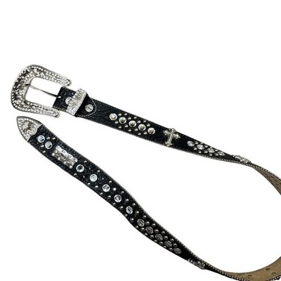 BHW Y2K Studded Cross Belt Black Leather Silver Ed Hardy Statement
