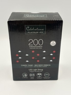 Celebrations Platinum LED 200 Lights Candy Cane Big Seed Ribbon 33ft Red White