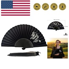 Black Silk Fabric Folding Hand Held Fan with a Pouch Bamboo Ribs Chinese Vint...