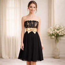 Vintage 80s Gunne Sax Black Lace Gold Bow Strapless Cocktail Dress Sz 5 USA Prom