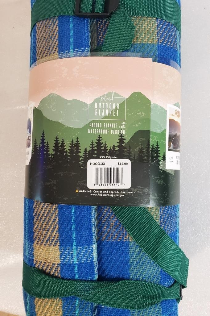 Blue Plaid Outdoor Padded Picnic Blanket Waterproof Backing 59"x79"