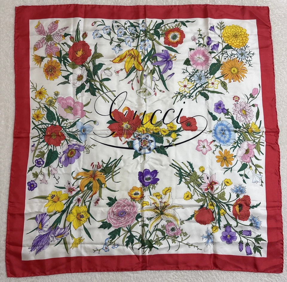GUCCI Flora Silk Scarf 33in Floral Motif Red Border Flowers Pattern Italy - Image 2 of 4