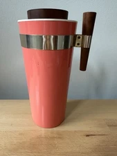 Vintage MCM Santay Brand Acrylic Pitcher Wood Handle and Lid Salmon Pink Color