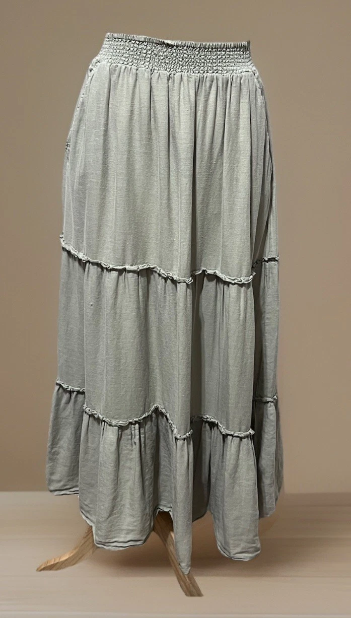 Rachel Zoe Peasant Linen Tiered Maxi Ruffled Skirt Pockets Size M Sage Green