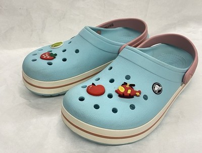 Crocs Retro Classic Clog  Womens Sz 9 Turquoise & White Gum Sole Crocband + Pins