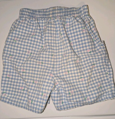 Vintage Osh Kosh 90s Jean Shorts Girls Size 5/6 Plaid Blue Floral Cotton Gingham - Picture 2 of 3