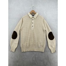 Blue Willi's Cable Knit Sweater Mens L Cream Elbow Patches Cotton Danish Design