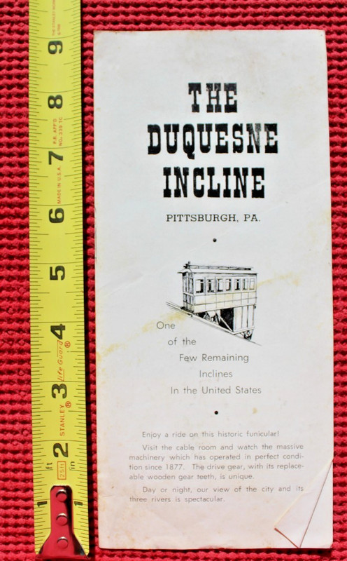 1960's Duquesne Incline Electric Railway Cable Car Ad Pittsburgh Pennsylvania