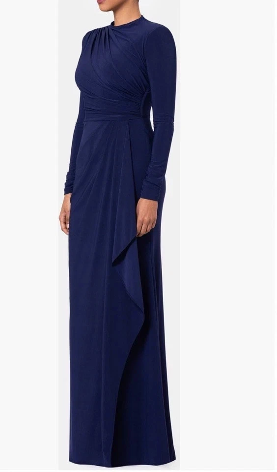 Betsy & Adam Navy Blue Side Ruffle Long Sleeve Jersey Gown Size 16 $209 - Image 2 of 3