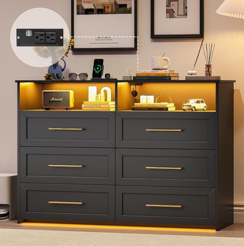 6 Drawer Dresser Modern Black Chest of drawers + LED Lightin