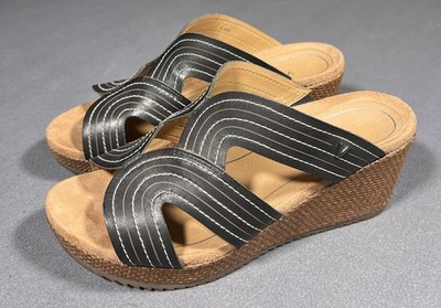 VIONIC Malorie Raffia Platform Wedge Sandals  Womens 9.5W Black Carmel Peep Toe