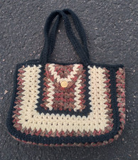 Handmade Granny Crochet Tote Shoulder Strap Brown Black Creme
