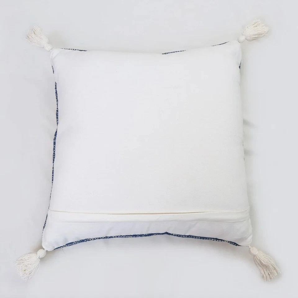 NEW! Set/2 Blue & White Accent Pillows w/Hand Tied Tassels Pom Poms & Fringe - Image 3 of 3