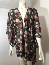 Sans Souci Womens Large Open Front Cardigan Cover up Kimono Top Sheer Floral