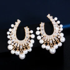 Yellow Gold Plated CZ Geometric Half Round Dangle Drop 925 Silver Pearl Earrings