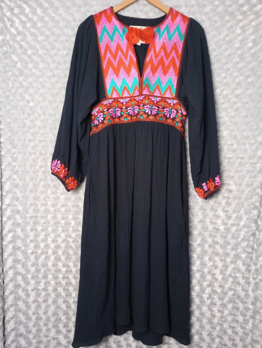 Figue Embroidered Cotton Maxi Dress Long Sleeve Boho Tribal