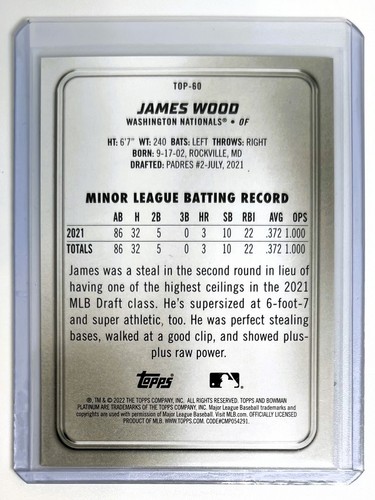 James Wood 2022 Bowman Platinum Top Prospect #TOP-60 Rookie Card - Nationals - 第 2/2 張圖片