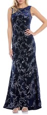 ELIZA J Sequin Embellished Evening Gown Navy Sizes 4 Mermaid Sequins Velvet NEW