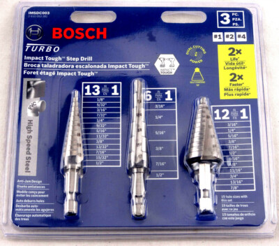 Bosch IMSDC003 3 pc. High-Speed Steel Impact Tough Turbo Step Drill Bit Set New