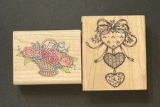 Rubber Stampede Romantic Flower Basket Current 3 Hearts Valentine Stamps