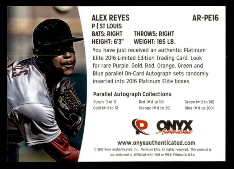 2016 Onyx Authenticated Platinum Elite Alex Reyes    #AR-PE16 St. Louis - Image 2 of 2