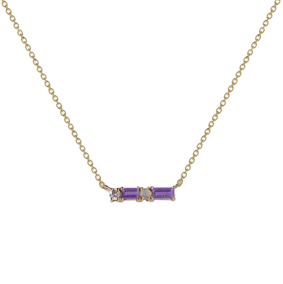Gargantilla 4x2mm Natural Baguette Amatista, Ópalo Etíope Collar en Capas Oro 14k Foto 2 de 4