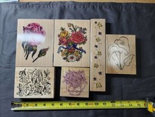 Lot of 6 Rubber Stamp Wood Mounted Used New Floral Theme and Flowers