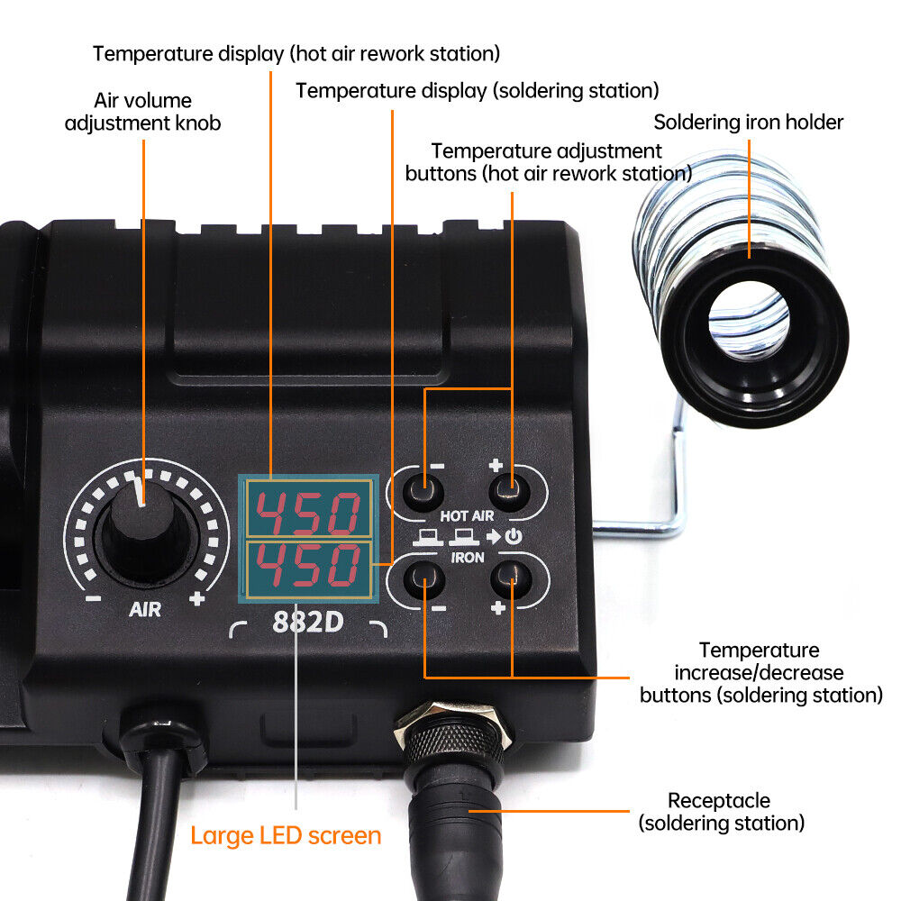 TOAUTO DS882 Soldering Station, 2 in 1 Soldering Iron Hot Air Gun Rework  Station Kit with LCD Display,°F /°C, Cool/Hot Air Conversion, Auto Standby  