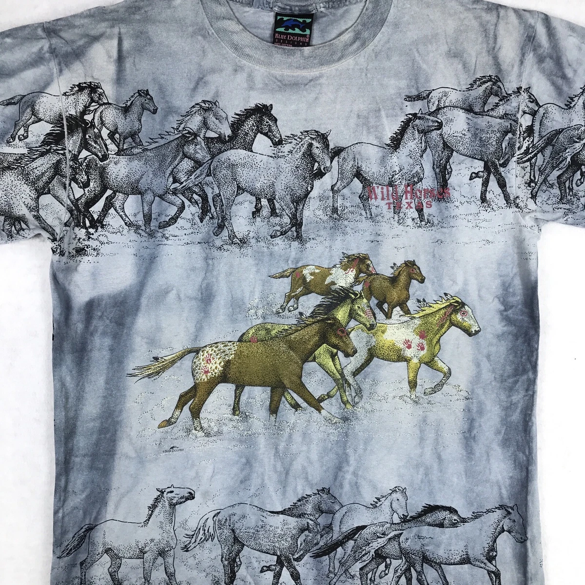 vtg 90s WILD HORSE ALL-OVER PRINT TIE-DYE T-Shirt M/L Native American cowboy art