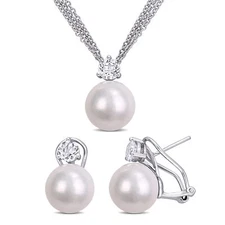 Amour Silver FW Pearl & White Topaz Earrings & Pendant Triple Strand Chain Set