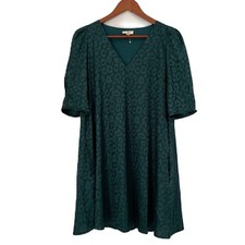 Entro Dress Women M Teal Silky Lined Animal Print Trapeze Puff Sleeve Cottage