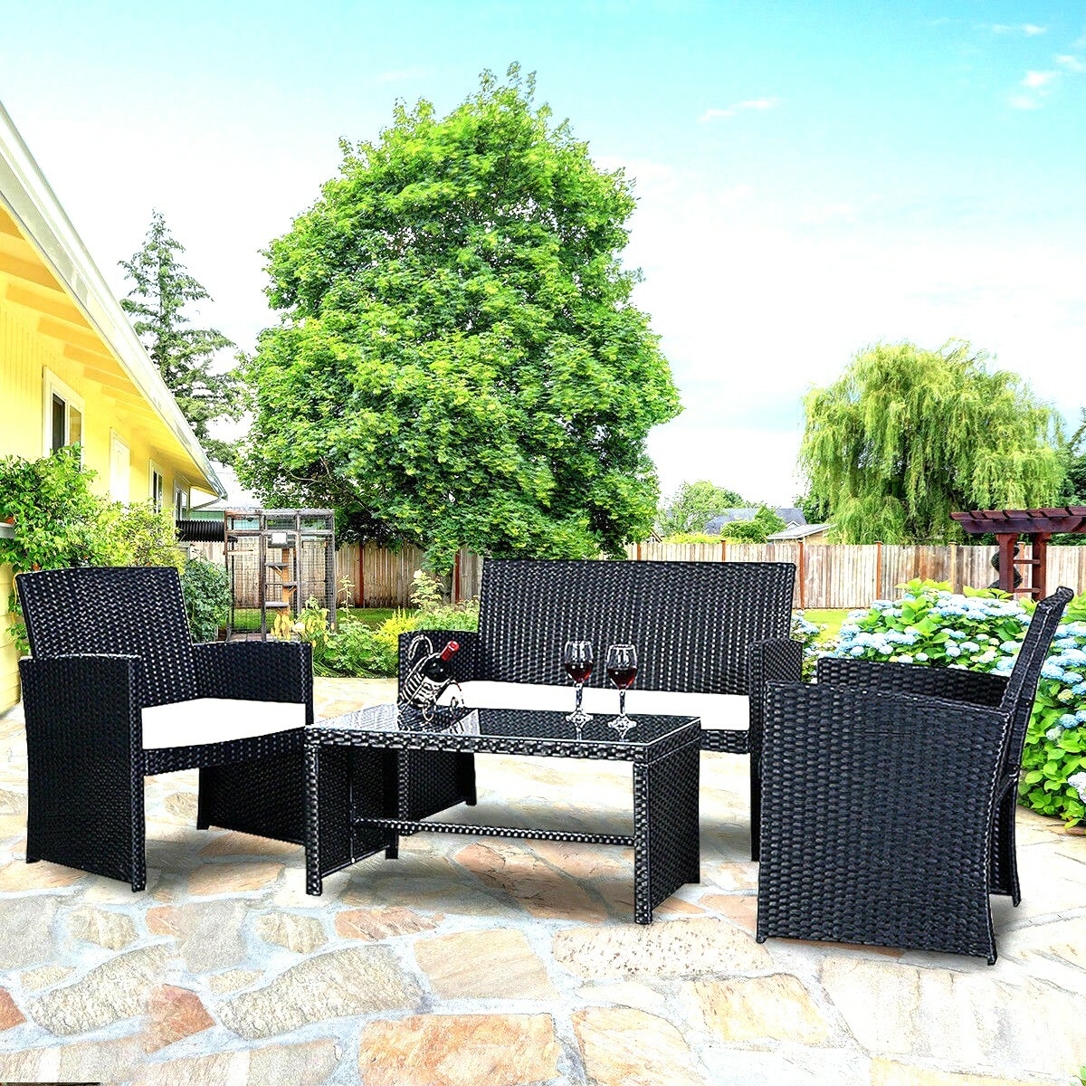 Summer Rattan Patio Furniture Set Garden Lawn Sofa Steel Cushioned Black 4 For Sale Online
