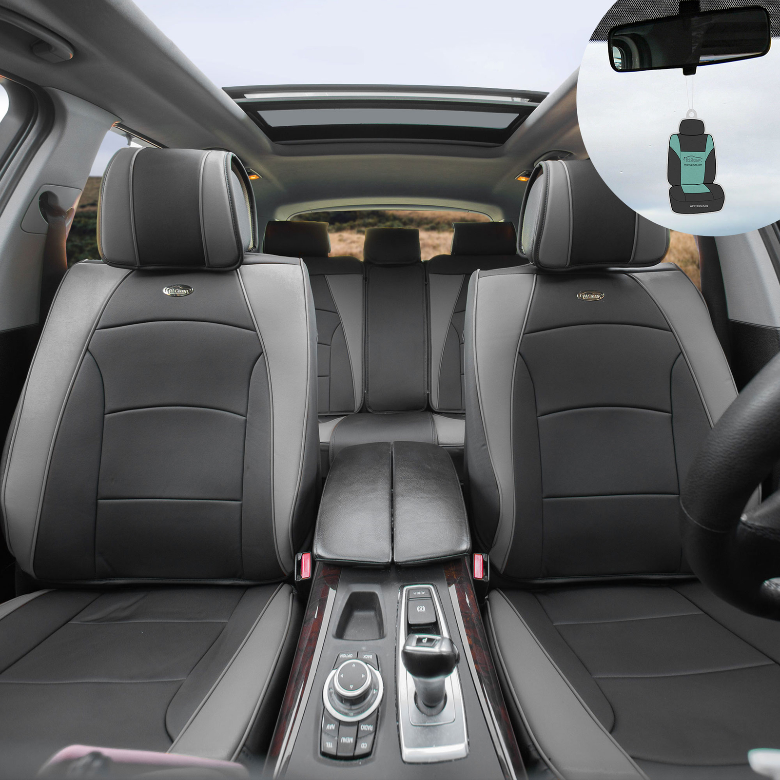 Car Seat Cover Luxury Leatherette Full Set Black Gray w/ Free Gift