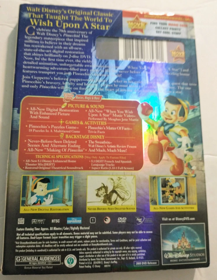 Pinocchio (DVD, 2009 2-Disc Set 70th Anniversary Platinum Ed) -New + Slip Cover  - Image 2 of 4