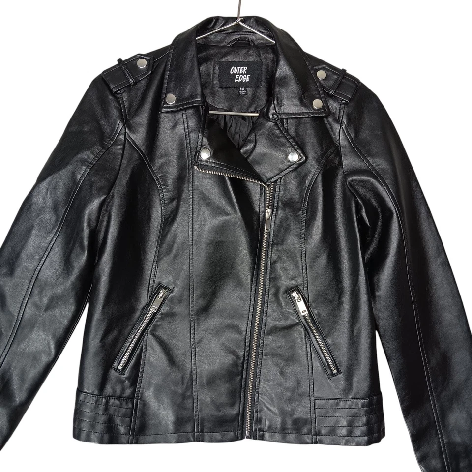 Outer Edge Moto Jacket Faux Leather Black Size Medium Side Zipper Fully Lined - Image 4 of 4