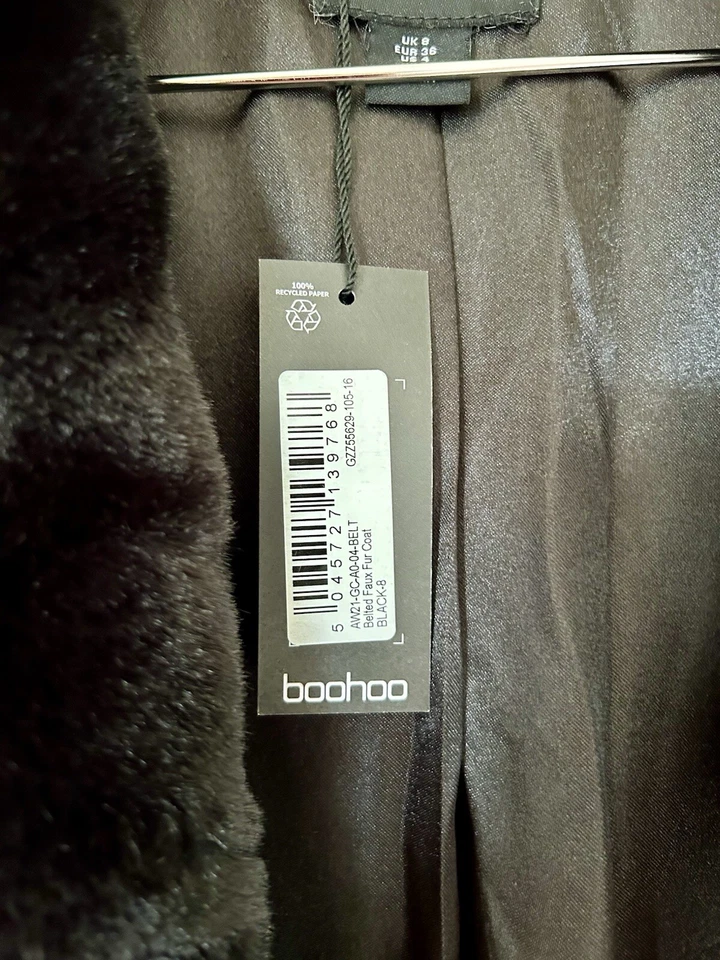 NUEVO CON ETIQUETAS BOOHOO + ABRIGO DE PIEL SINTÉTICA NEGRO LONGLINE TALLA UK 8 US 4 EUR 36 Foto 3 de 4