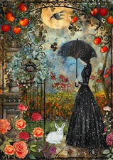 Whimsical girl with white rabbit umbrella flowers 2.5x3.5 ACEO landscape art