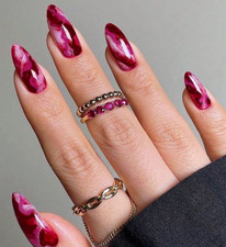 STILETTO ALMOND *RED & PINK MARBLE* Full Cover 24 Nail Tips Press On Glue Set