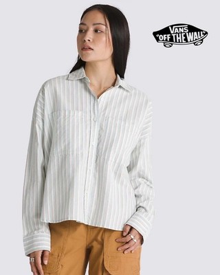 Oxford Shirt Vans Womens Boxy Organic Cotton Striped Button-Down Long Sleeve S