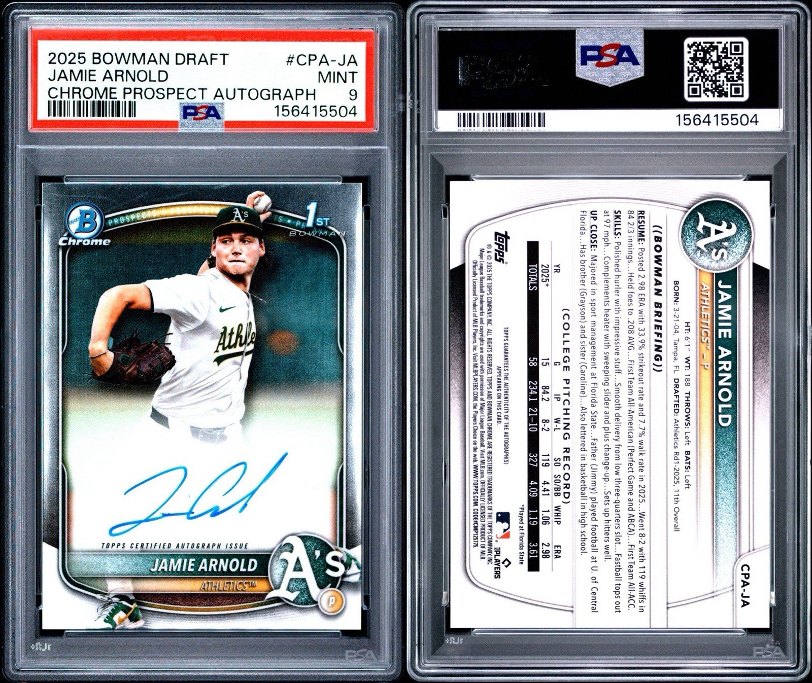 2025 BOWMAN DRAFT #CPA-JA JAMIE ARNOLD CHROME PROSPECT AUTOGRAPH PSA 9 view 2