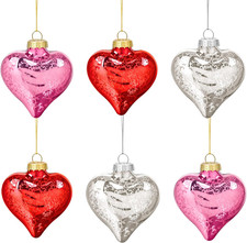 6 Pcs Valentine  S Day Glass Heart Ornaments, Pink Red Silver Hanging Hearts for