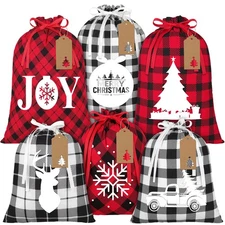 6 Pieces Christmas Buffalo Plaid Drawstring Bag Cotton Christmas Gift Bag wit...